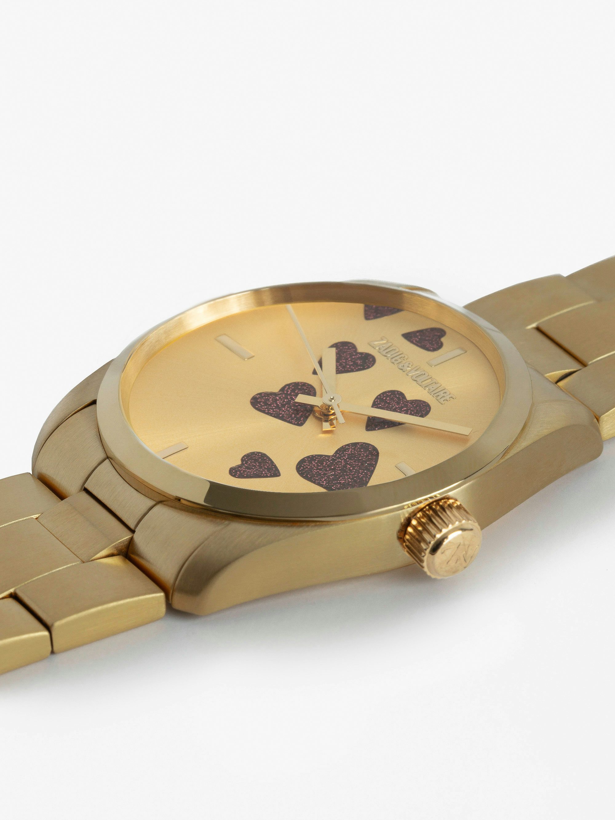 Zadig Strass Heart Watch - Gold toned stainless steel watch with pink diamante hearts on dial.